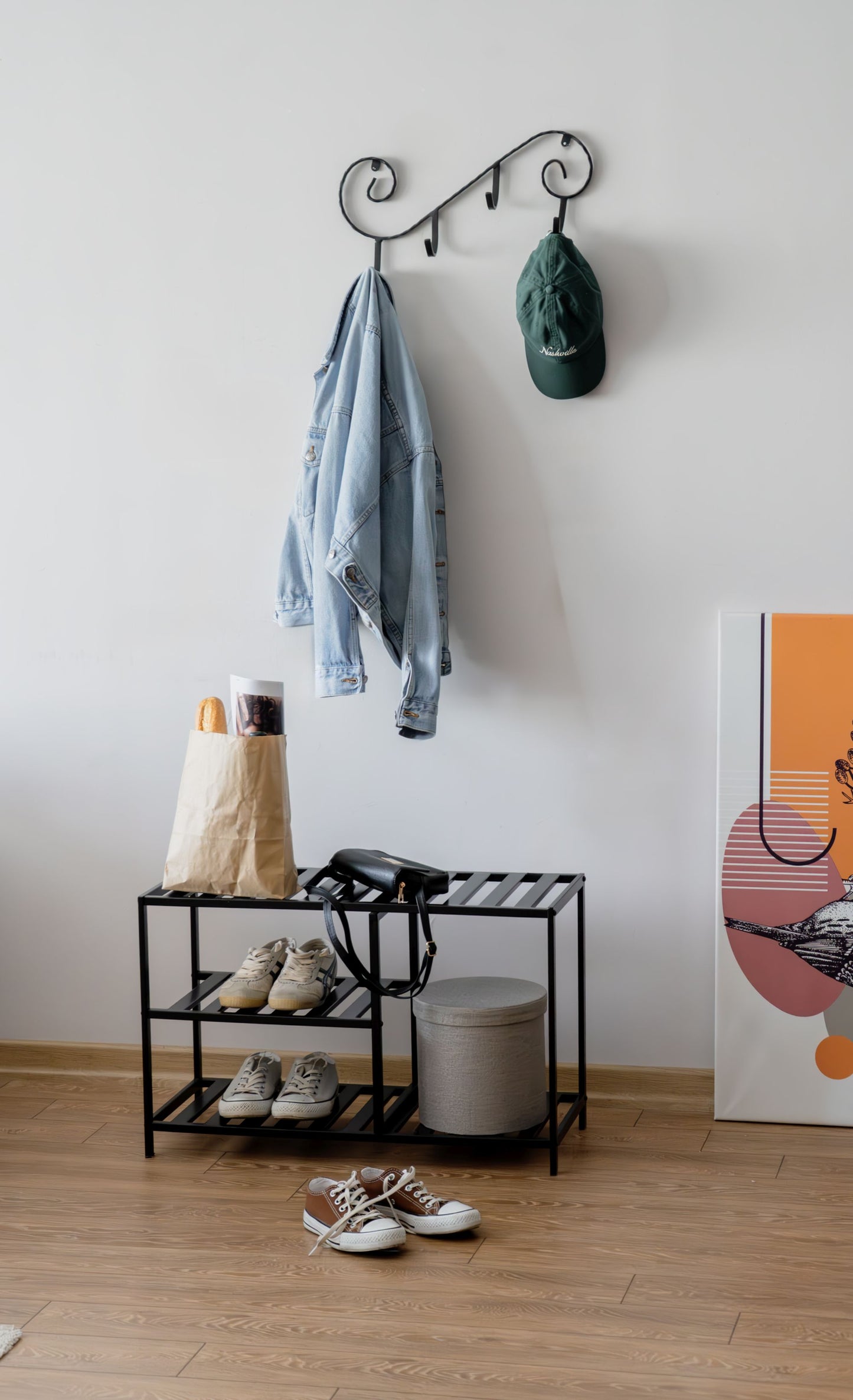 Hallway 3 tier metal shoe rack Industrial entryway custom shoe rack organizer