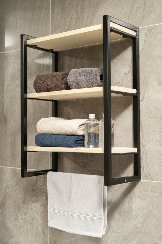 Bathroom & Kitchen Towel Rack with Wooden Shelf, Shelf with Hanger Bar